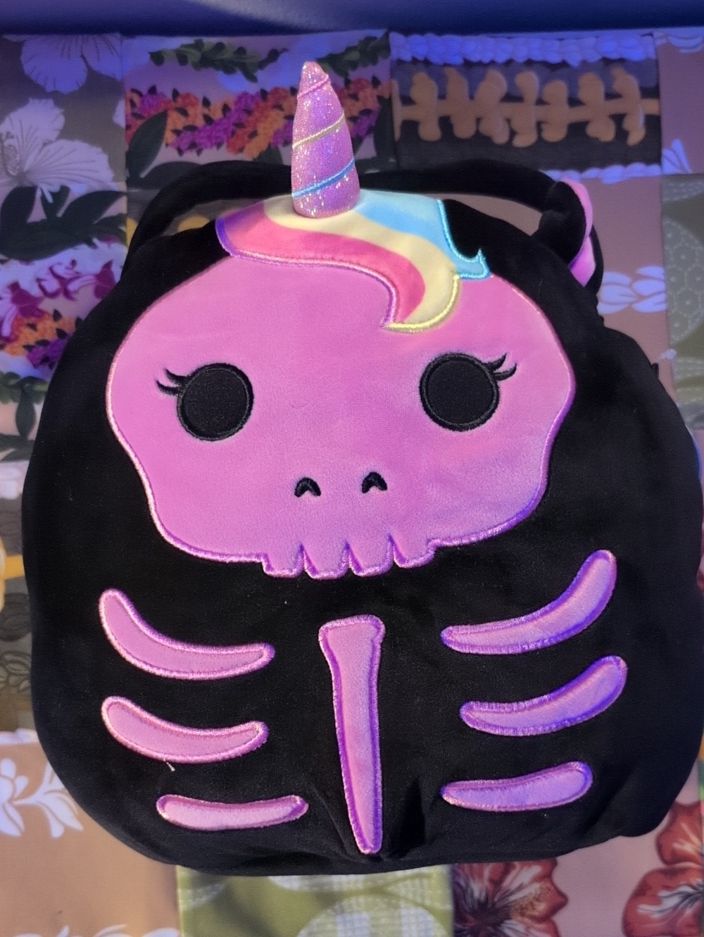 Squishmallows Black Plush Unicorn Skeleton Backpack with Pink Accents